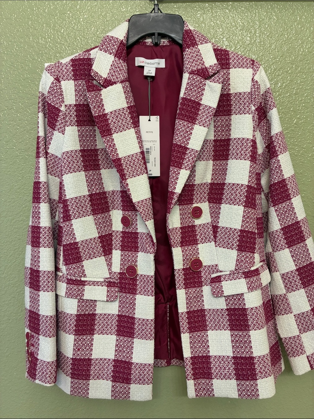 Liz Claiborne Maroon and White Checked Double-Breasted Blazer